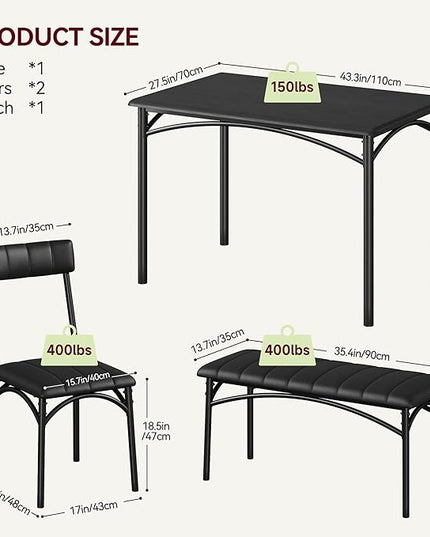 GAOMON Dining Table Set for 4, Kitchen Table with Upholstered Chairs and Bench, 4-Person Dining Room Table Set, Rectangular Kitchen Table Set for Small Space, Apartment, Home, Studio, Rustic Black - LeafyLoom