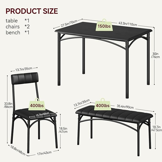 GAOMON Dining Table Set for 4, Kitchen Table with Upholstered Chairs and Bench, 4-Person Dining Room Table Set, Rectangular Kitchen Table Set for Small Space, Apartment, Home, Studio, Rustic Black - LeafyLoom