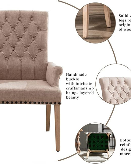 Dining Room Chairs with Arms,Tufted Upholstered High Back Nailed Trim with Untique Oak Wood Legs for Kitchen Restaurant Room Bedroom Ivory Brown - LeafyLoom