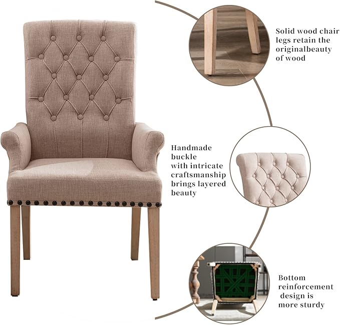 Dining Room Chairs with Arms,Tufted Upholstered High Back Nailed Trim with Untique Oak Wood Legs for Kitchen Restaurant Room Bedroom Ivory Brown - LeafyLoom