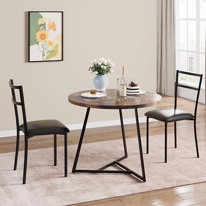 GAOMON Dining Table Set for 2, Kitchen Table and Chairs for 2 with Upholstered Chairs, 3 Piece Dining Room Table Set, Round Kitchen Table Set for Small Space, Apartment, Studio, Rustic Brown - LeafyLoom