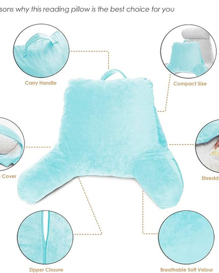 Clara Clark Reading Pillow for Kids, Small Back Pillow for Sitting Up in Bed, Memory Foam Back Support Pillow, Reading Pillows for Sitting in Bed, Light Blue Gaming Pillow with Arms and Pockets - LeafyLoom