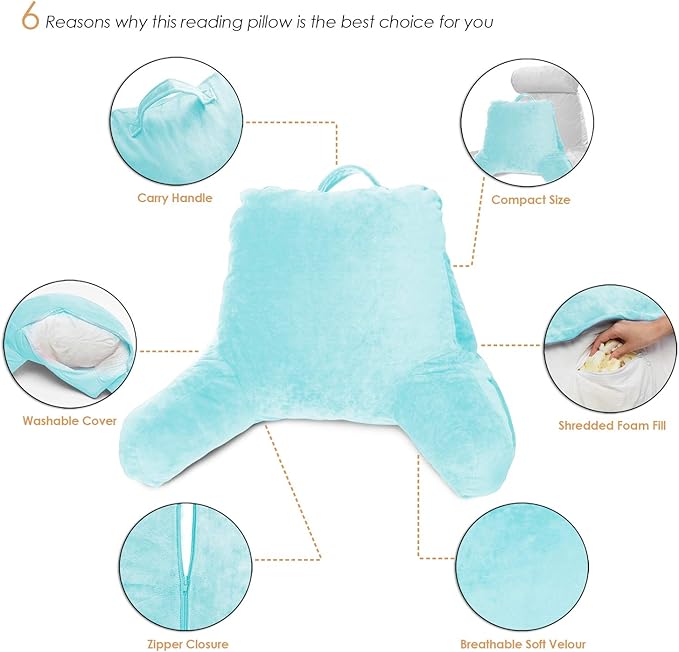 Clara Clark Reading Pillow for Kids, Small Back Pillow for Sitting Up in Bed, Memory Foam Back Support Pillow, Reading Pillows for Sitting in Bed, Light Blue Gaming Pillow with Arms and Pockets - LeafyLoom