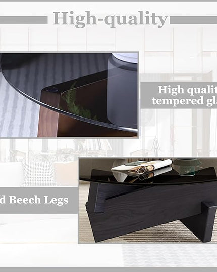 Coffee Table, Round Coffee Table for Living Room Modern Glass Coffee Table with Solid Wood Legs Farmhouse Mid Century Center Table Large Circle Cocktail Table (Black + Brown, 35.4in) - LeafyLoom