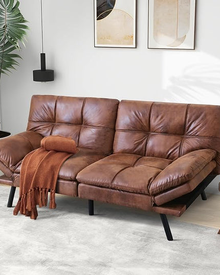 MUUEGM Futon Sofa Bed Couch - Convertible Sofa Bed, Loveseat Sleeper Sofa with Adjustable Backrest, Memory Foam Folding Futon for Living Room, Small Space, Apartment, PU Leather Brown - LeafyLoom