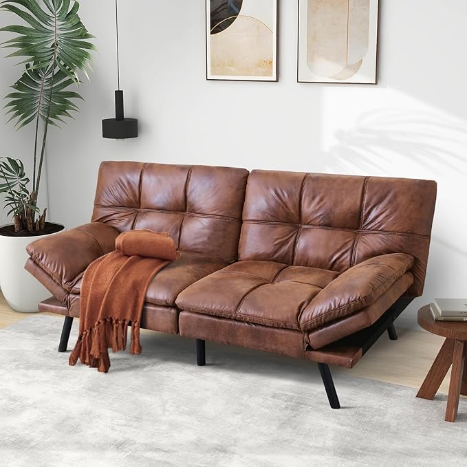MUUEGM Futon Sofa Bed Couch - Convertible Sofa Bed, Loveseat Sleeper Sofa with Adjustable Backrest, Memory Foam Folding Futon for Living Room, Small Space, Apartment, PU Leather Brown - LeafyLoom