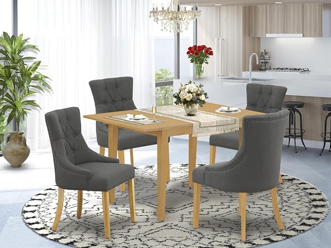 East West Furniture NOFR5-OAK-20 5 Piece Kitchen Table Set Includes a Rectangle Dining Table with Butterfly Leaf and 4 Dark Gotham Linen Fabric Upholstered Chairs, 32x54 Inch, Oak - LeafyLoom