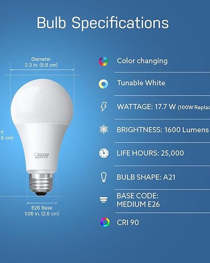 Feit Electric OM60/RGBW/CA/AG Smart WiFi Color Changing and Dimmable, Alexa or Google Assistant, No Hub Required A19 LED Light Bulb, 60W FeitElectricCompany