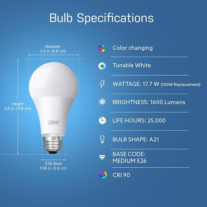 Feit Electric OM60/RGBW/CA/AG Smart WiFi Color Changing and Dimmable, Alexa or Google Assistant, No Hub Required A19 LED Light Bulb, 60W FeitElectricCompany