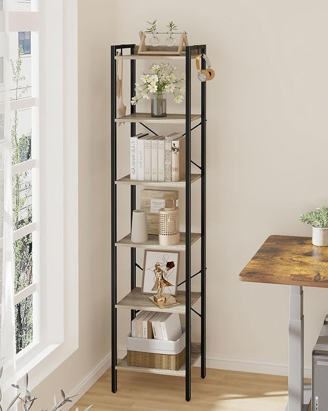 Bookshelf, Book Shelf, Industrial Bookcase with 2 Hooks, Coner Shelf Storage Organizer for Home Office, Living Room, Bedroom, Kitchen, 6-Tier Greige BC10705B - LeafyLoom