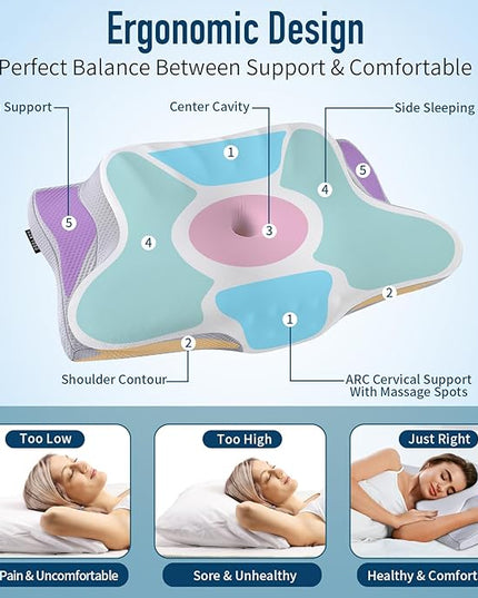 Cervical Neck Pillow Memory Foam Pillows Cooling Pillow for Neck Pain Relief, Ergonomic Orthopedic Neck Support Contour Bed Pillow for Side Back Stomach Sleepers with Washable Ice Silk Pillowcase - LeafyLoom