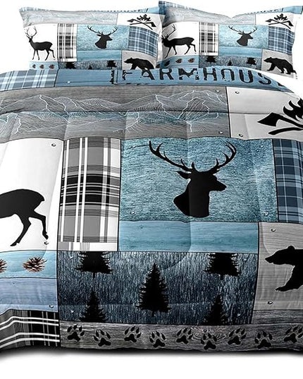 LUVIVIHOME 3PCS Rustic Cabin Comforter Set Queen Size, Farmhouse Bedding, Black Bear Deer Elk Moose Forest Animal Wildlife Hunting Country Lodge Blue Buffalo Plaid Patchwork Quilt, 2 Pillow Shams - LeafyLoom