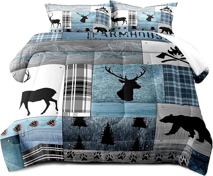 LUVIVIHOME 3PCS Rustic Cabin Comforter Set Queen Size, Farmhouse Bedding, Black Bear Deer Elk Moose Forest Animal Wildlife Hunting Country Lodge Blue Buffalo Plaid Patchwork Quilt, 2 Pillow Shams - LeafyLoom