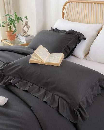 JANZAA Dark Grey Comforter for Queen Size Bed Queen Comforter Set with Ruffles 3PCS (1 Gray Comforter and 2 Pillowcases) Shabby Chic Bedding Comforter Sets Soft Fluffy Bed Set for All Season - LeafyLoom