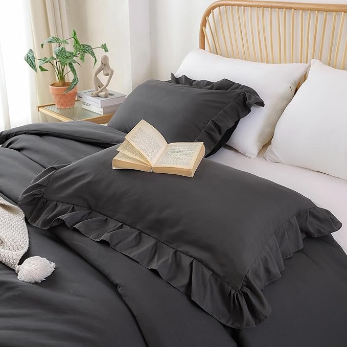 JANZAA Dark Grey Comforter for Queen Size Bed Queen Comforter Set with Ruffles 3PCS (1 Gray Comforter and 2 Pillowcases) Shabby Chic Bedding Comforter Sets Soft Fluffy Bed Set for All Season - LeafyLoom