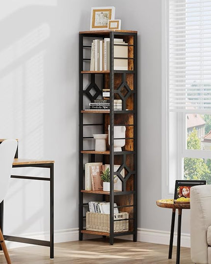 YITAHOME Narrow Bookshelf, 5-Tier Industrial Book Shelf Storage Rack, Display Shelves Stand Etagere for Small Spaces, Open Bookcase for Bedroom Living Room Bathroom Kitchen, Rustic Brown - LeafyLoom