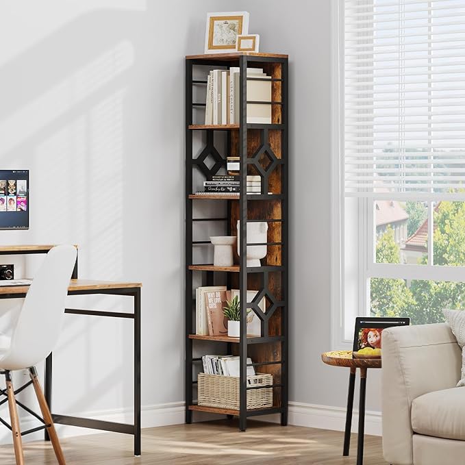 YITAHOME Narrow Bookshelf, 5-Tier Industrial Book Shelf Storage Rack, Display Shelves Stand Etagere for Small Spaces, Open Bookcase for Bedroom Living Room Bathroom Kitchen, Rustic Brown - LeafyLoom