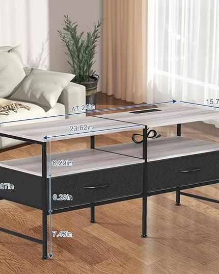 HEOMU Industrial TV Stand for 50 Inch Television Cabinet 3-Tier Console Table with Fabric Drawer, Entertainment Center Media Console Metal Frame for Living Room, Bedroom, Grey - LeafyLoom