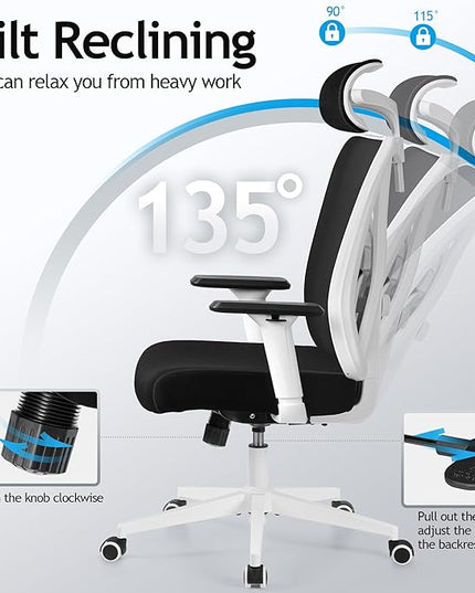 KERDOM Ergonomic Office Chair Desk Chair Comfortable Mesh Gaming Computer Swivel Rolling Chair, High Back Office Chair with Wheels, Headrest, 3D Armrest and Lumbar Support Home Office Desk Chair White - LeafyLoom