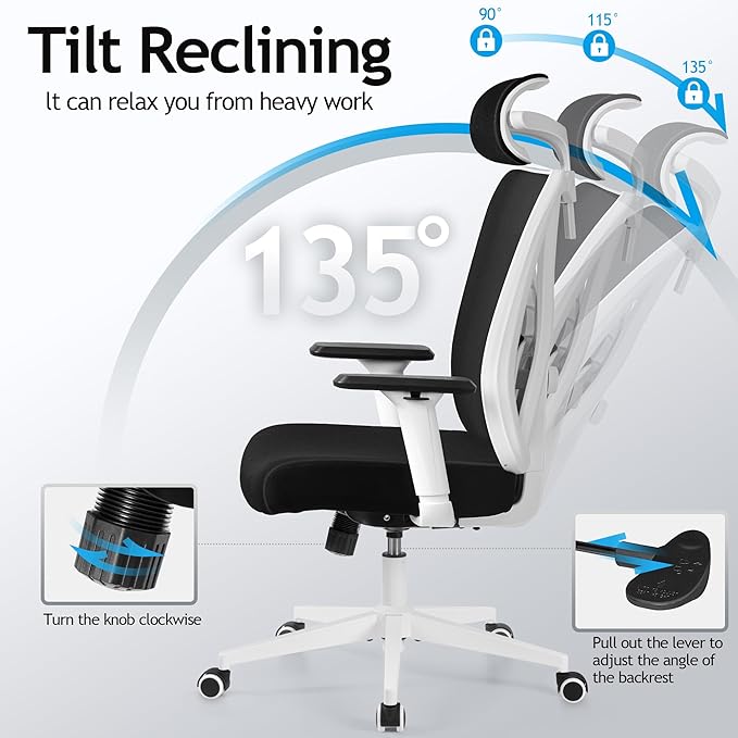 KERDOM Ergonomic Office Chair Desk Chair Comfortable Mesh Gaming Computer Swivel Rolling Chair, High Back Office Chair with Wheels, Headrest, 3D Armrest and Lumbar Support Home Office Desk Chair White - LeafyLoom