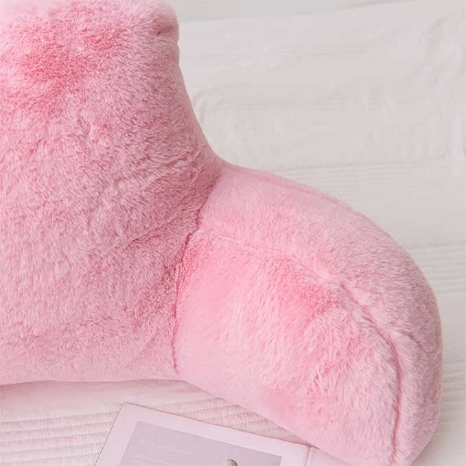 Aimuan Reading Pillow Bed Rest Pillow with Arms Rabbit Fur Cushion for Adults Teens Incline Rest Sitting up & Sleeping Snoring Pillow with Pregnancy Lumbar Back Support (Standard, Pink) - LeafyLoom