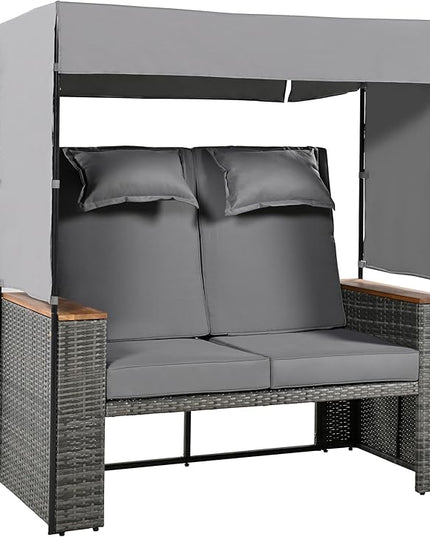 Outdoor Conversation, 2-Piece Patio Bench Rattan Roof Set, Effective UV Protection Waterproof Cushions and Adjustable Backrest for Garden, Backyard and Porch, Zg-Grey Wicker + Grey Fabric - LeafyLoom