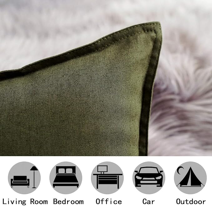 Jeanerlor Cotton Linen Square Decorative Throw Pillow Case Cushion Cover with Twin Needles Stitch on Edge, 12"x20"(30 x 50cm), 2 Pcs, Olive Green - LeafyLoom