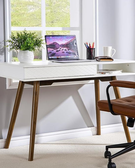 GAOMON Modern Home Office Writing Desk, 42 Inch Computer Table Desk with Drawers, Simple Mid Century Modern Desk, White - LeafyLoom