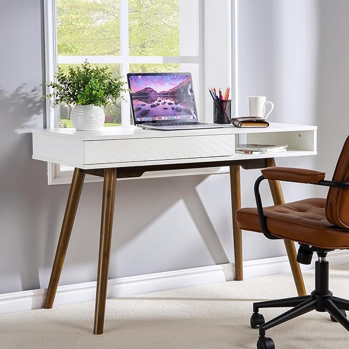 GAOMON Modern Home Office Writing Desk, 42 Inch Computer Table Desk with Drawers, Simple Mid Century Modern Desk, White - LeafyLoom