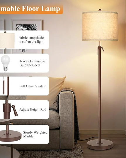 Metal Brown Floor Lamp for Living Room, Adjustable Height Standing Lamp, Pole Light for Bedroom, with Linen Shade and Metal Base, Pull Chain Switch, 3-Way 8W LED Bulb Included - LeafyLoom