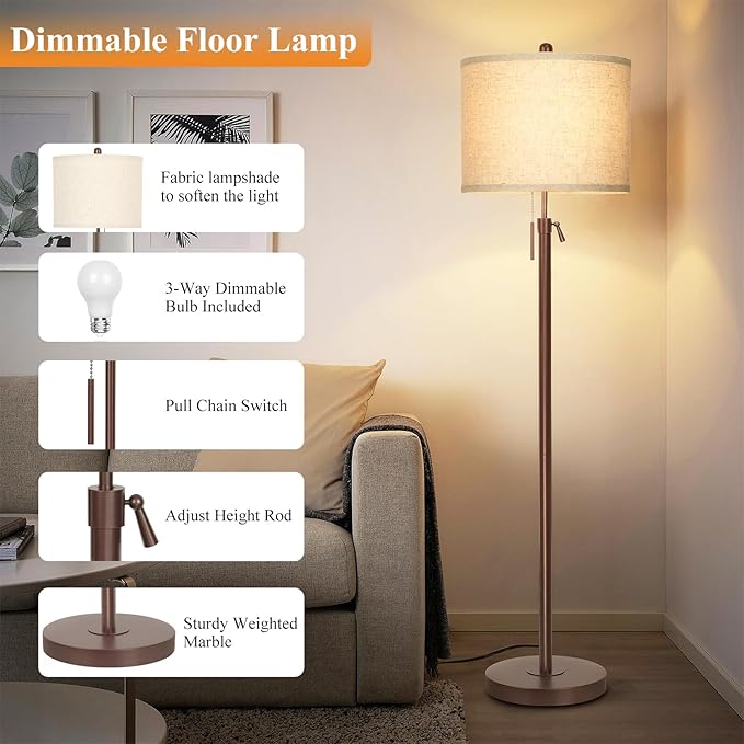 Metal Brown Floor Lamp for Living Room, Adjustable Height Standing Lamp, Pole Light for Bedroom, with Linen Shade and Metal Base, Pull Chain Switch, 3-Way 8W LED Bulb Included - LeafyLoom