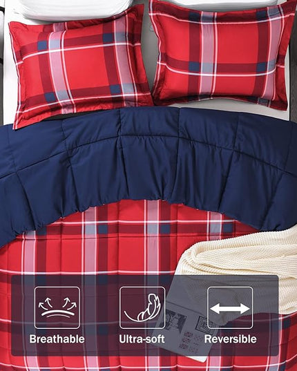 downluxe Twin Comforter Set (66"x92") 2-Piece,Plaid Red Reversible Comforter,1 Reversible Pillow Sham 20"x26",Microfiber Comforter,Soft and Comfortable - LeafyLoom