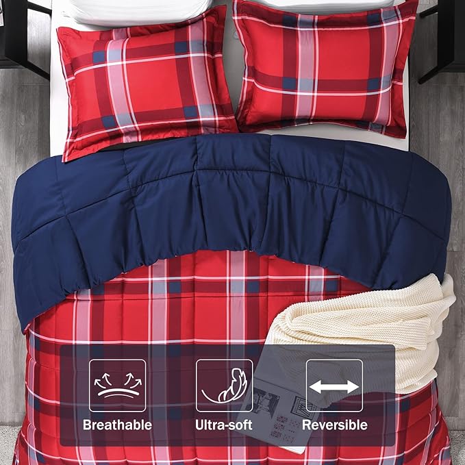 downluxe Twin Comforter Set (66"x92") 2-Piece,Plaid Red Reversible Comforter,1 Reversible Pillow Sham 20"x26",Microfiber Comforter,Soft and Comfortable - LeafyLoom