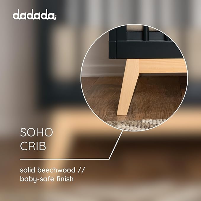 dadada Baby Soho 3-in-1 Convertible Crib to Toddler Bed – Wooden Crib Made in Italy, GREENGUARD Gold Certified Small Baby Crib – Baby-Safe Finish, Modern Design (Black/Natural) - LeafyLoom