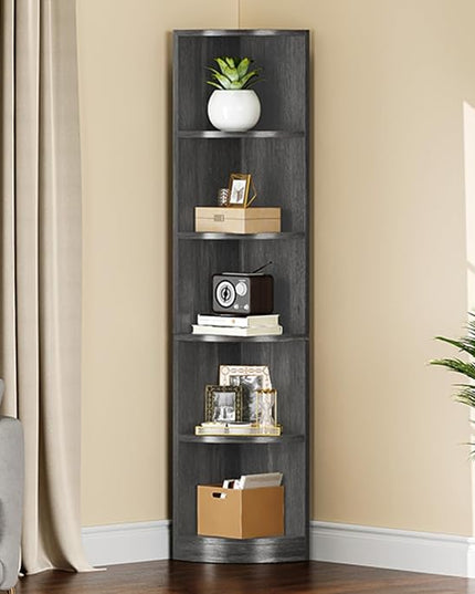 YITAHOME 70.8" Corner Shelf, 5 Tier Corner Bookshelf and bookcase, Modern Open Free Standing Shelving Unit Wooden Display Rack Storage Shelves for Bedroom, Living Room, Home Office, Charcoal Gray - LeafyLoom