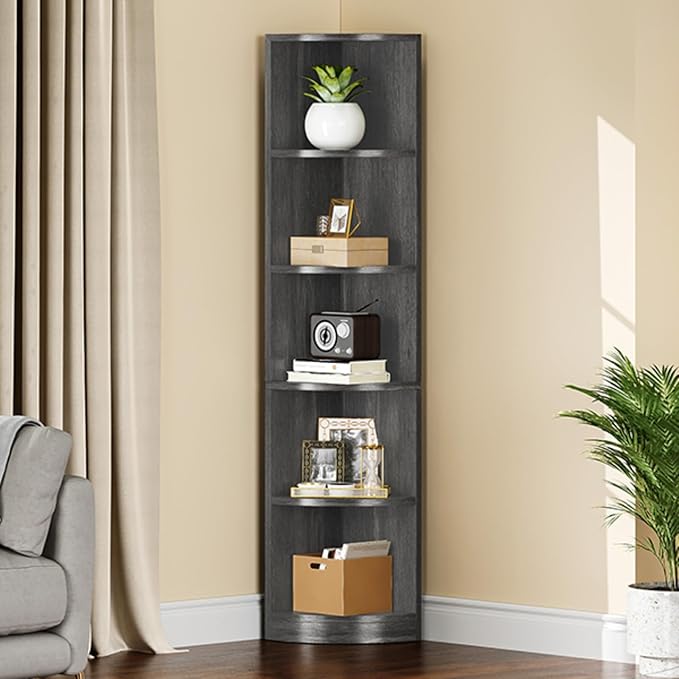 YITAHOME 70.8" Corner Shelf, 5 Tier Corner Bookshelf and bookcase, Modern Open Free Standing Shelving Unit Wooden Display Rack Storage Shelves for Bedroom, Living Room, Home Office, Charcoal Gray - LeafyLoom