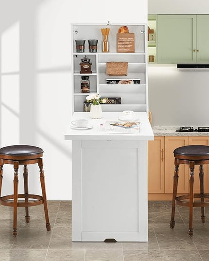 Wall Mounted Table w/Classified Storage Space, Foldable Multiple-Purpose Desk, Sturdy Wood Structure, White - LeafyLoom