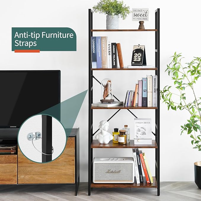 Yoobure 5 Tier Bookshelf - Tall Book Shelf Modern Bookcase for CDs/Movies/Books, Rustic Book Case Industrial Bookshelves Book Storage Organizer for Bedroom Home Office Living Room Brown - LeafyLoom