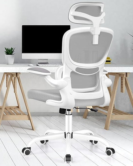Ergonomic Office Chair, High Back Mesh Desk Chair with Lumbar Support and Adjustable Headrest, Computer Gaming Chair with Flip-up Armrests, Executive Swivel Chair for Home Office (LightGray) - LeafyLoom