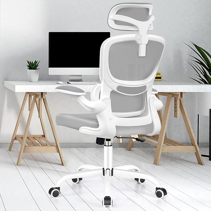 Ergonomic Office Chair, High Back Mesh Desk Chair with Lumbar Support and Adjustable Headrest, Computer Gaming Chair with Flip-up Armrests, Executive Swivel Chair for Home Office (LightGray) - LeafyLoom