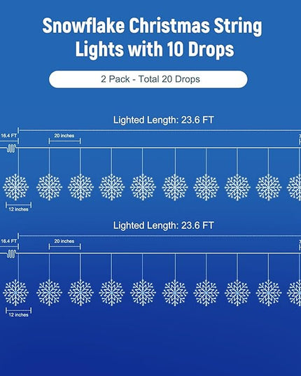 Brightown 2 Pack Christmas Snowflake Icicle Lights Outdoor - Plug-in 23.6ft 10 Drops 480LED Snowflake Window Lights, Connectable for Indoor Outdoor Porch Eaves Rooftops Christmas Decoration Brightown