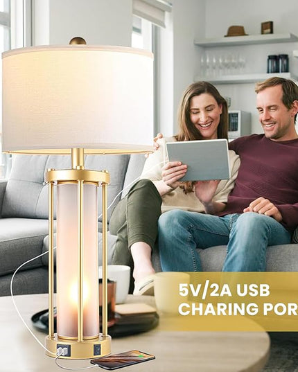Table Lamps for Living Room Set of 2,26" Tall Gold Bedside Farmhouse Table Lamps with LED Lantern Nightlight,Bedroom Nightstand Lamps with Dual USB Port Grey White Shade (Bulbs Included) - LeafyLoom