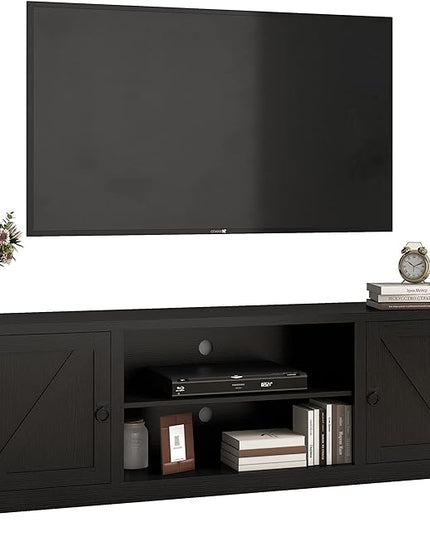 Panana Modern Farmhouse TV Stand, Entertainment Center for 70 inch TV with 2 Doors and Open Shelves for Living Room, Bedroom (Black, 65 inch) - LeafyLoom