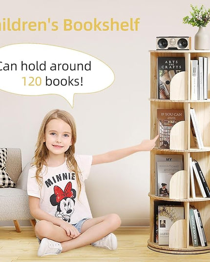 Rotating Bookshelf Tower, 4 Tier 360 Display Spinning Bookshelf, Solid Wood Narrow Book Shelf Organizer for Kid Adult, Corner Floor Standing Bookcase for Bedroom, Living Room, Study Room, Small Space - LeafyLoom