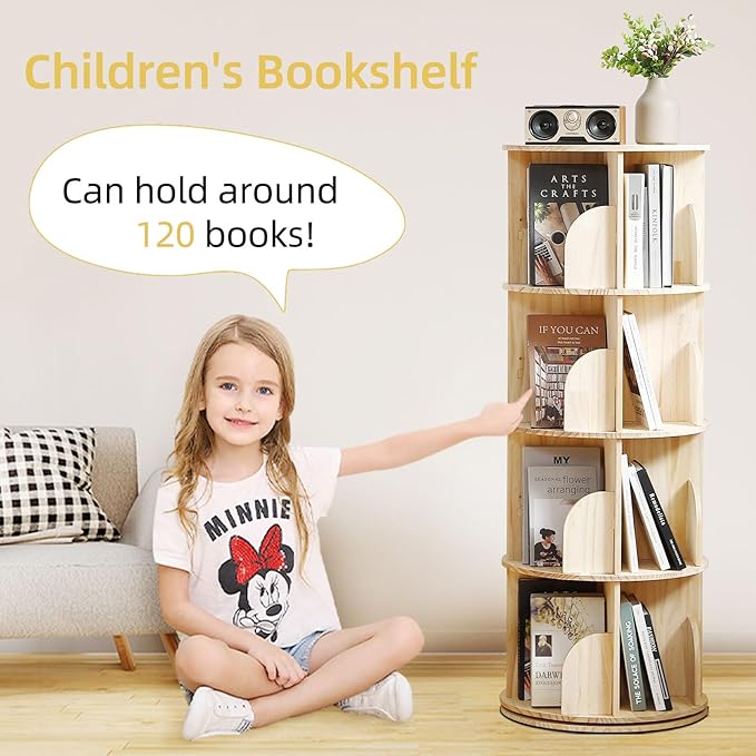 Rotating Bookshelf Tower, 4 Tier 360 Display Spinning Bookshelf, Solid Wood Narrow Book Shelf Organizer for Kid Adult, Corner Floor Standing Bookcase for Bedroom, Living Room, Study Room, Small Space - LeafyLoom