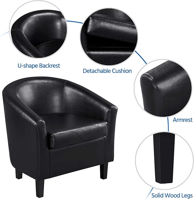 Yaheetech Accent Chair with Ottoman Set, Modern Faux Leather Upholstered Soft Barrel Chair and Footrest, Club Armchair and Footstool for Living Room/Bedroom/Reading Room/Guest Room, Black - LeafyLoom