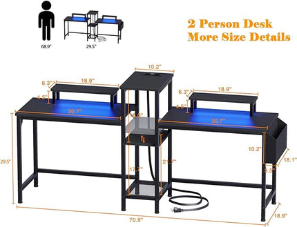 Furologee 2 Person Gaming Desk with LED Lights, 71 Inch Computer Desk with Power Outlets and Monitor Stand, Double Desk with Storage Bag and Headphone Hooks, Study Writing Table for Home Office, Black - LeafyLoom
