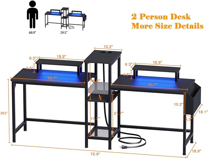 Furologee 2 Person Gaming Desk with LED Lights, 71 Inch Computer Desk with Power Outlets and Monitor Stand, Double Desk with Storage Bag and Headphone Hooks, Study Writing Table for Home Office, Black - LeafyLoom