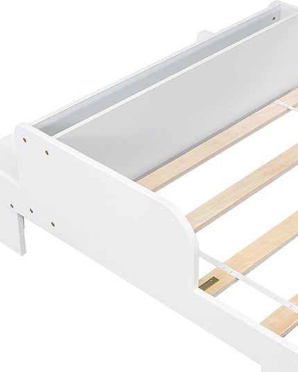 Car-Shaped Twin Bed with Bench,Wood Platform Bedframe W/Book Storage Groove & Safety Guardrail,Minimalistic Design,Easy Assembly,Toy Car Bedroom Furniture for Boys Kids Toddlers Child,White - LeafyLoom