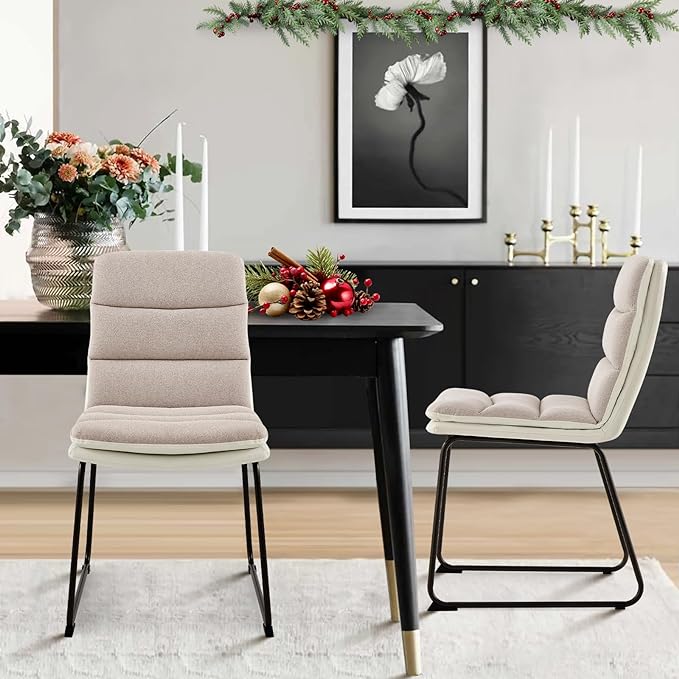 COLAMY Dining Chairs Set of 2, Modern Waffle Fabric Dining Chairs, Faux Leather Kitchen Chairs with Back for Dining Living Waiting Room, Light Brown - LeafyLoom